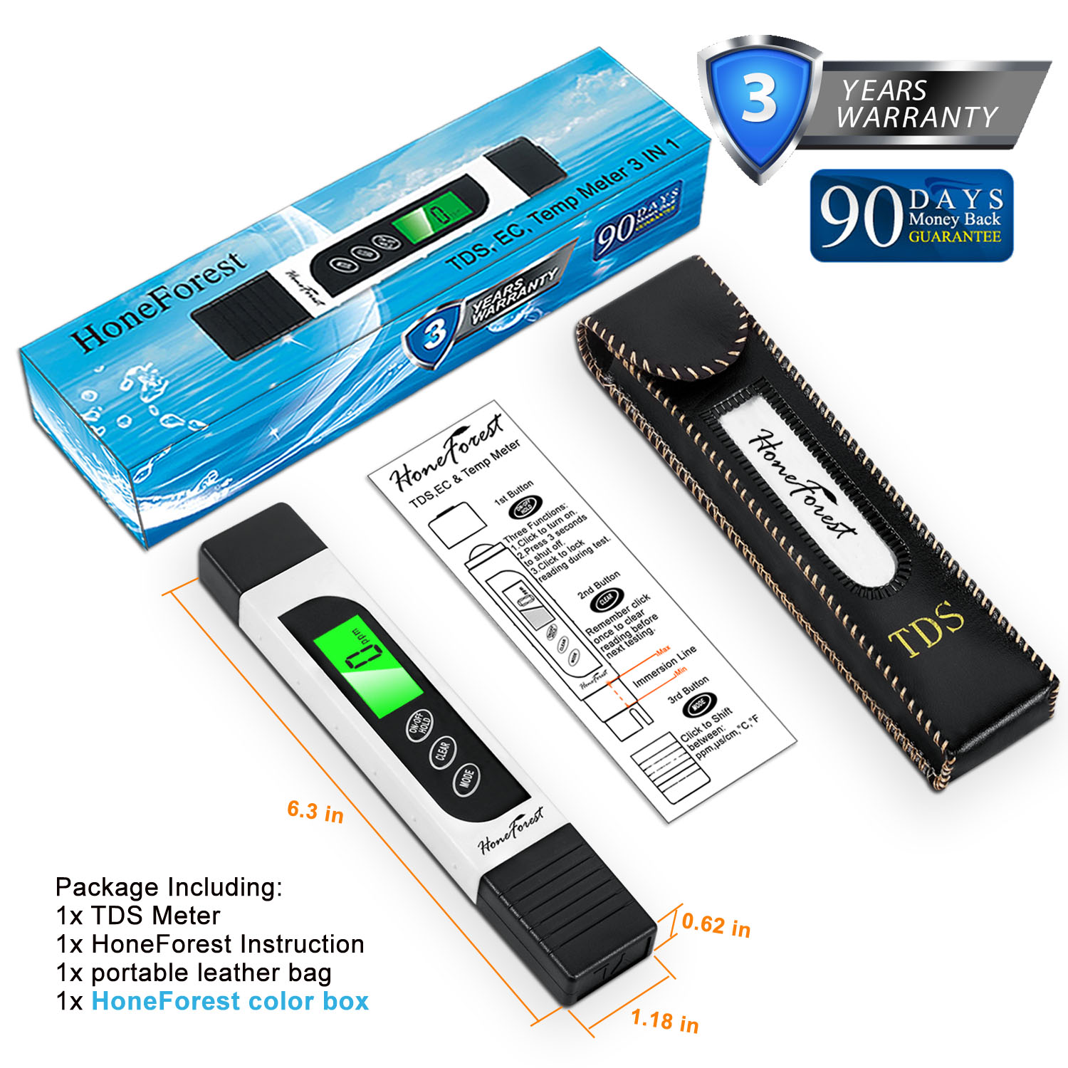 TDS Meter Digital Water Tester Professional 3-in-1 TDS,Temperature EC Meter